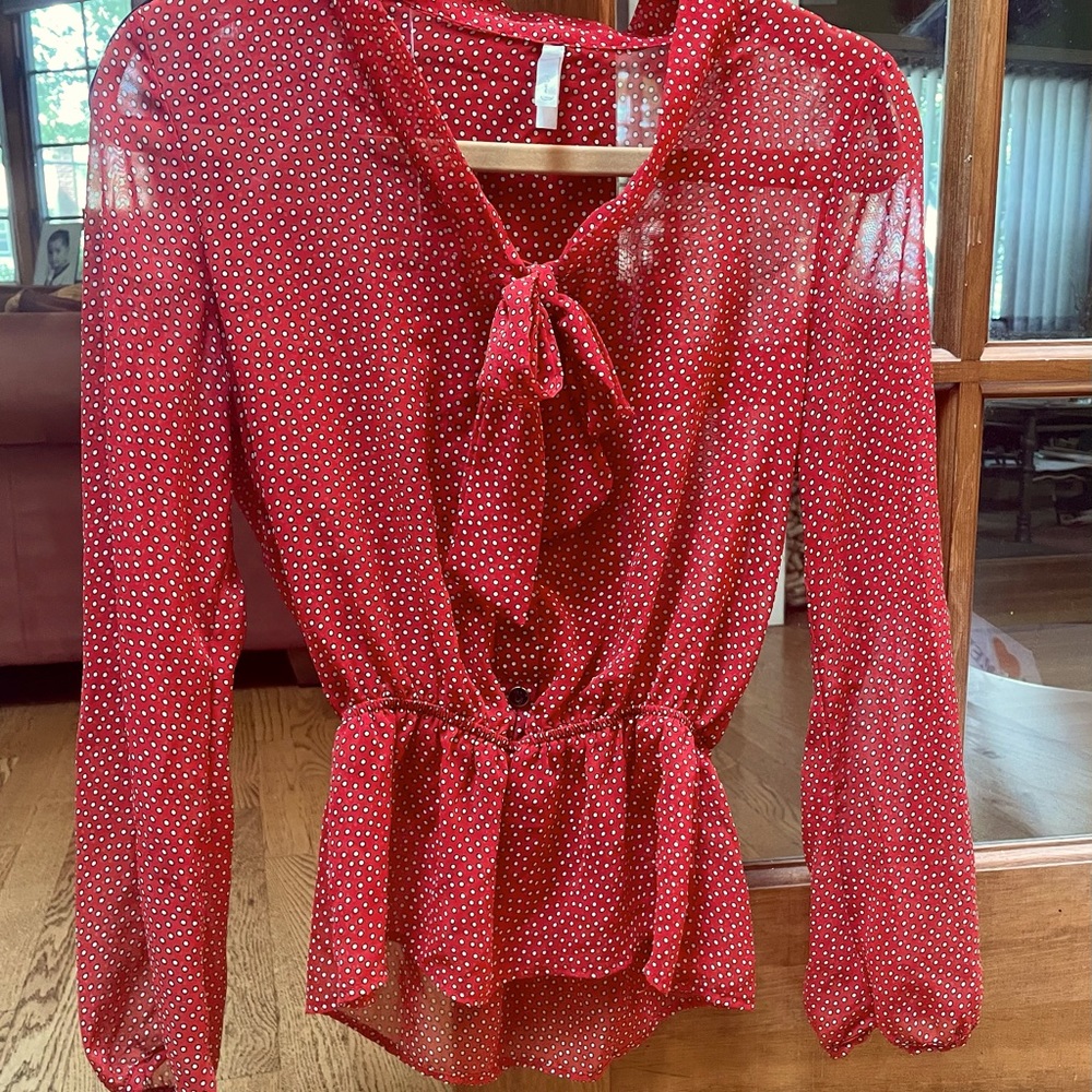 Mona B sheer blouse with tie.